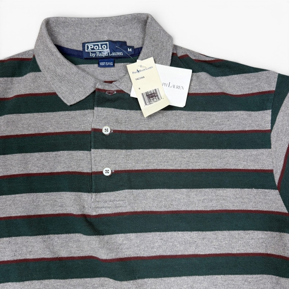 Polo Ralph Lauren Mens M Striped Pique Shirt Grey Green Burgundy Made in USA NWT